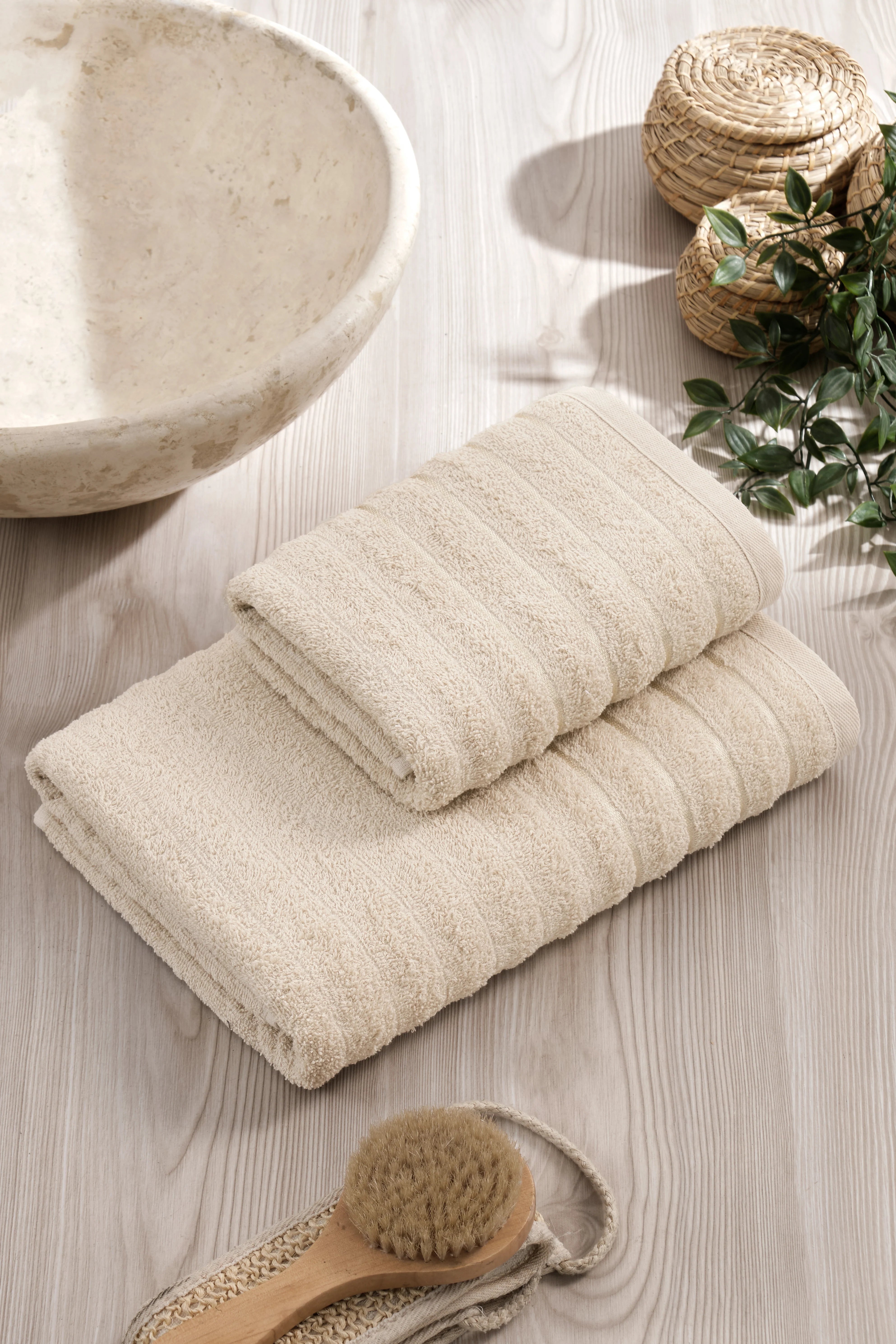 2'li Dalga Bej Banyo Havlu Seti %70 Pamuk 50x90 & 70x140 Yumuşak ve Emici