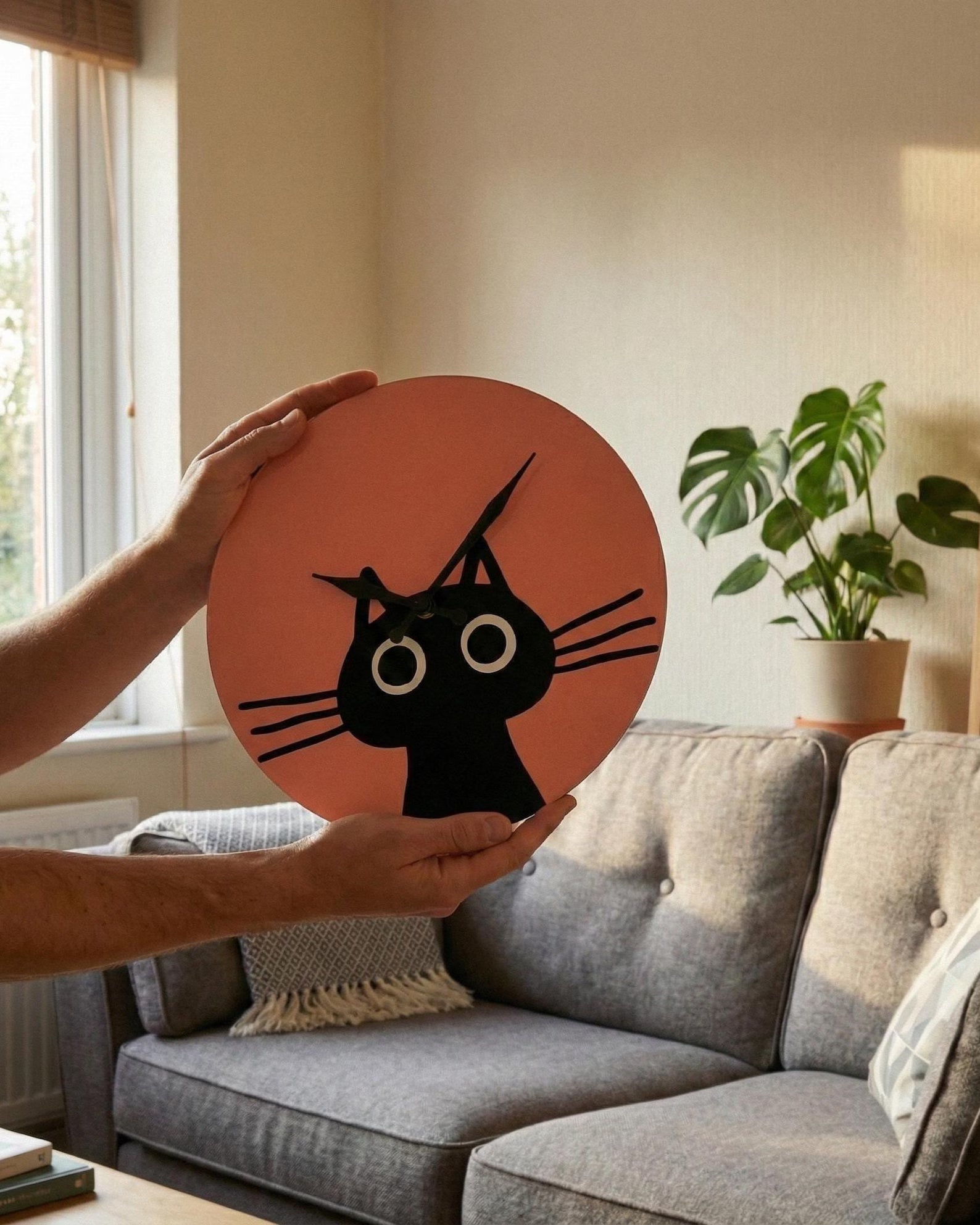 Premium Pleksi Duvar Saati – Eğlenceli Kara Kedi Tasarımı ve Sessiz Mekanizma
