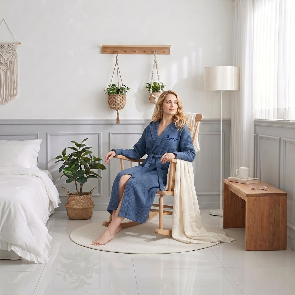 Unisex 4 Kat Müslin Kapüşonlu Bornoz – %100 Pamuk Yumuşak ve Hızlı Kuruyan Banyo Bornozu