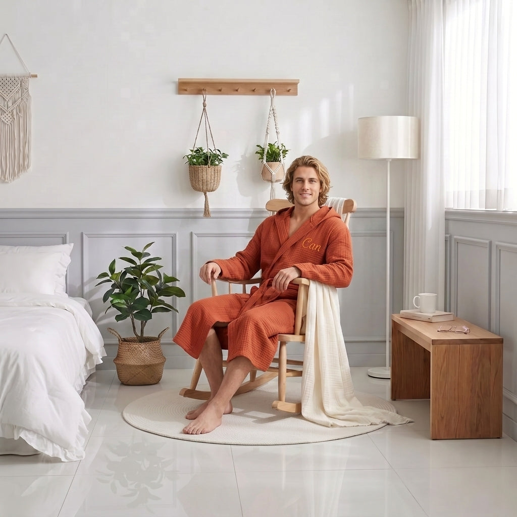 Unisex 4 Kat Müslin Kapüşonlu Bornoz – %100 Pamuk Yumuşak ve Hızlı Kuruyan Banyo Bornozu