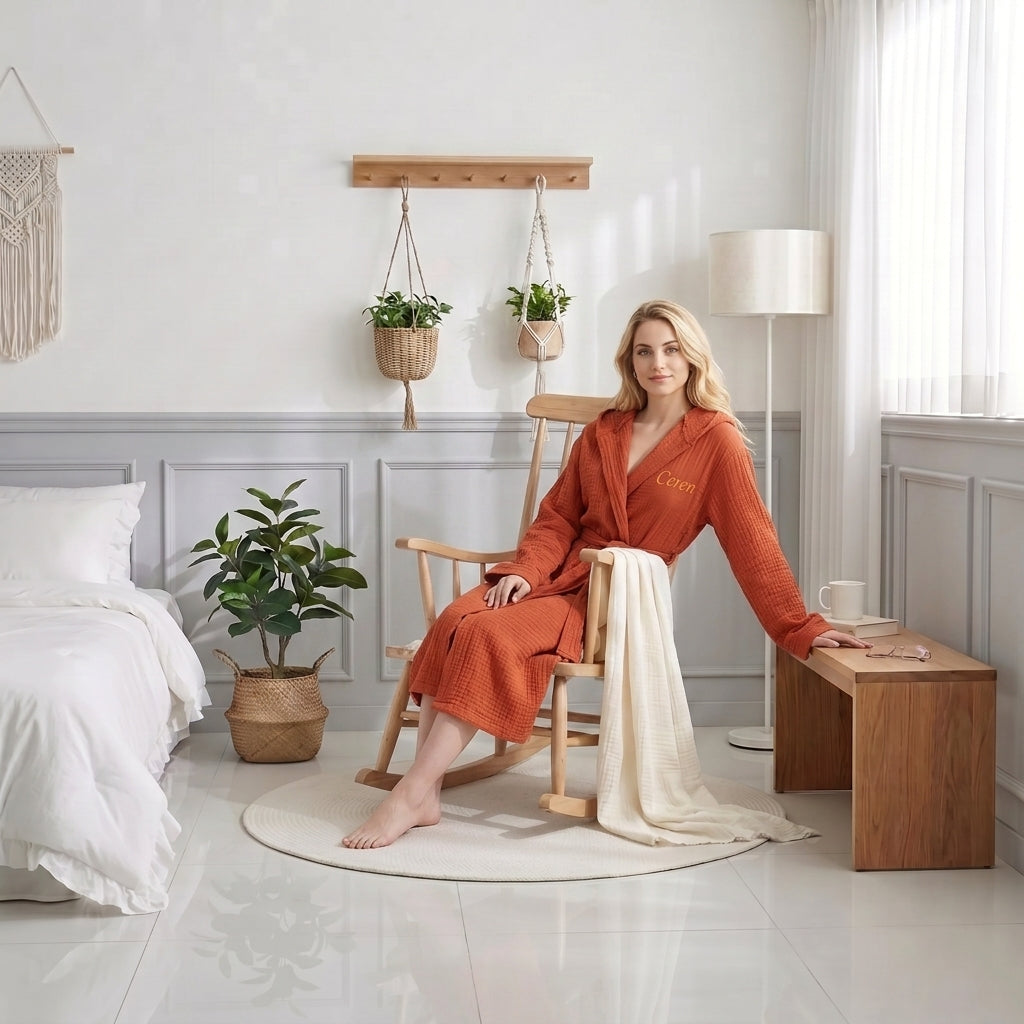 Unisex 4 Kat Müslin Kapüşonlu Bornoz – %100 Pamuk Yumuşak ve Hızlı Kuruyan Banyo Bornozu